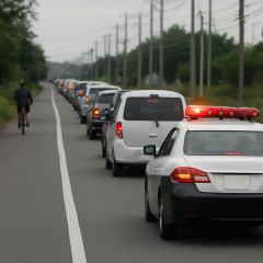 片側1車線道路「自転車を1m空けて追い越せず」→パトカー先頭に100m級渋滞 改正道路交通法に疑問の声「誰も幸せにならない」.