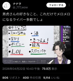 【朗報】にじさんじ新人Vtuber「好きなことは酒、競馬、パチスロ、喫煙です」→めちゃくちゃ人気になり早くもファンアートが描かれるwwwwwww
