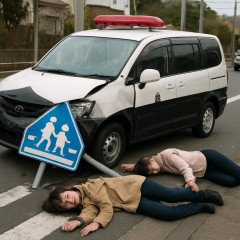 警察官運転のワンボックスカーが道路標識に衝突 歩行者の女性2人が標識の下敷き 2人は意識不明の重体 神奈川・横須賀市   #神奈川県警 |  業務中じゃないってこと？