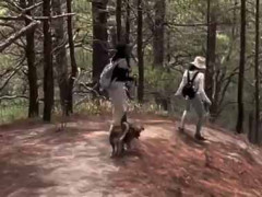 犬を連れてハイキングをしていた。こうしたら楽だよ♪ → 下りで犬はこうします…