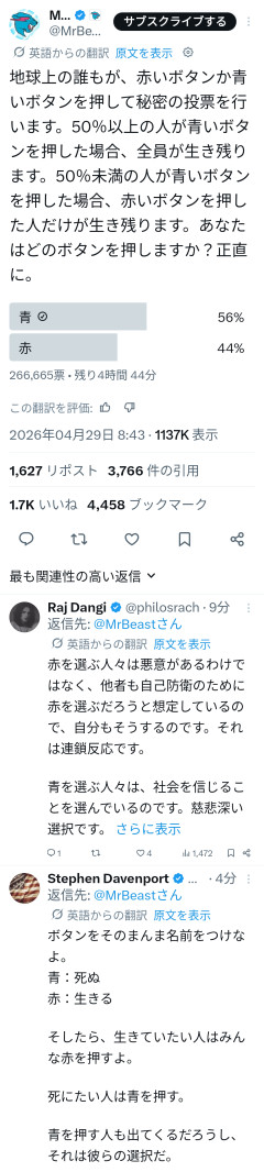 【画像】世界トップYoutuberさん｢赤いボタンと青いボタンどっち押す？｣の問いを世界に投げ掛けて大荒れ。