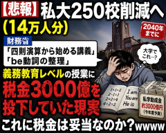 【悲報】私大250校削減へ（14万人分）　財務省「四則演算から始める講義」「be動詞の整理」　義務教育レベルに税金3000億投下してた現実ｗｗｗｗ