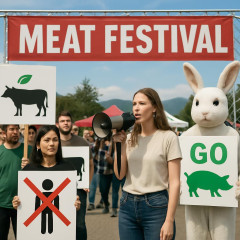 動物愛護団体、肉フェス会場前で「人肉フェス」 ヴィ―ガンでいこうと呼び掛け🐮🐷🐤