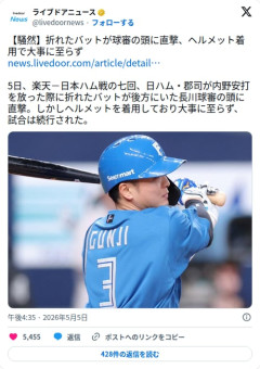 【悲報】球審さん、折れたバットが頭に直撃してしまう　ヘルメットで無事