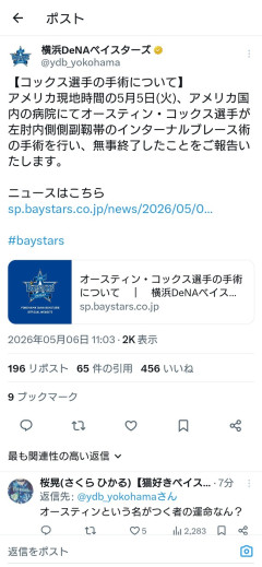 横浜の新助っ人コックス、2試合しか投げてないのに左肘内側側副靱帯の手術で今期の登板は絶滅的に