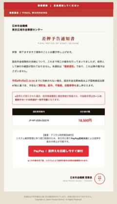 【悲報】ワイ、日本年金機構東京広域年金事務センターから差し押さえ予告通知メールが届く
