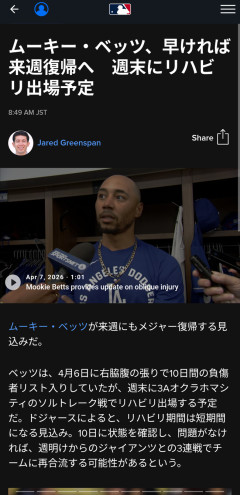 ムーキーベッツ早ければ来週にも復帰へ