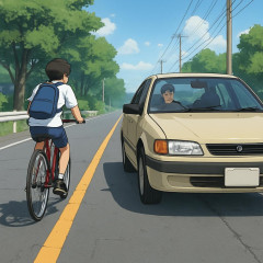 自転車を追い抜く為に車が黄色中央線跨ぐのはアウト。並べ