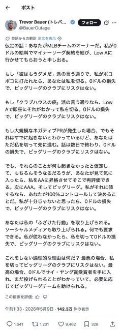 トレバー・バウアー(独)、長文で発狂