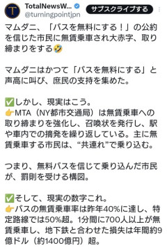 NY市長マムダニ氏「バスを無料にする！」→市民に無賃乗車されバス会社大赤字。摘発強化へ