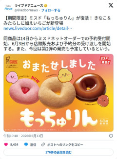 【朗報】ミスドさん、もっちゅりん復活で前回買えなかった民が一斉蜂起してしまう