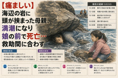 【痛ましい】海辺の岩に頭が挟まった母親、満潮になり娘の前で死亡…救助間に合わず