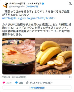 【朗報】研究者さん「頑張って減塩するよりバナナ食った方が血圧下がるかも」