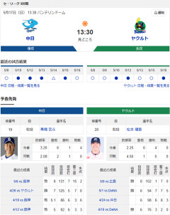 【ドラゴンズ実況】5/17 中日vsヤクルト（バンテリン）13:30～先発：高橋宏【中継:TV愛知　Jスポ2　DAZN他】