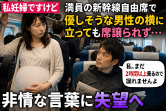 【私妊婦ですけど】妊娠9か月女性、満員の新幹線自由席で“優しそうな男性”の横に立つも席譲られず…「私まだ2時間以上乗るので譲れません」