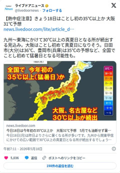 【悲報】日本さん、まだ5月なのに35℃超えの猛暑日を叩き出してしまう