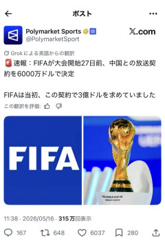 【朗報】中国　W杯の放映権を6000万ドル(80%オフ)で契約