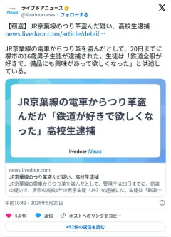 【悲報】高校生さん、「備品が欲しくなった」とJR京葉線のつり革を盗んで逮捕されてしまう