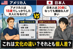 【疑問】アメリカ人「18歳で大人として自立する」 日本人「20歳過ぎても子供っぽい人が多い」←これ文化の違いなの？