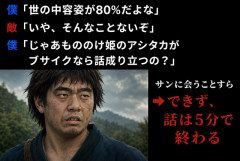 僕「世の中って結局容姿が8割だよな」敵「そんなことないぞ」僕「じゃあアシタカがブサイクでももののけ姫の話成立するの？」