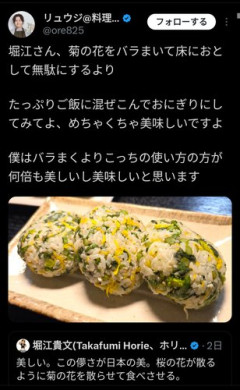 【悲報】リュウジさん「食用菊ばら撒くよりオニギリにした方が良いよ」→ホリエモンさん発狂へ