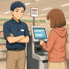 セルフレジにいる監視しているだけの人いるでしゅ