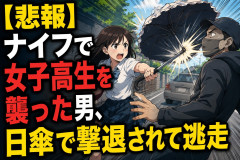 【悲報】ナイフで女子高生を襲った男、日傘で撃退されて逃走