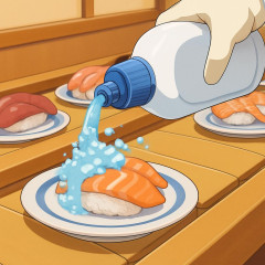 また回転寿司。 はま寿司でレーン上のお寿司に洗剤ドバドバ   |  れいわ新選組支持してそう  |  AIで作った画像でも捕まるのこれ？