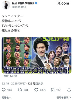 【朗報】粗品さん「ツッコミスター、コア視聴率1位、TVer1位、おれたちの勝ち」
