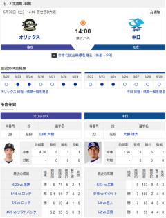【ドラゴンズ実況】5/30 中日vsオリックス 交流戦（京セラD）14:00～先発：大野【中継:東海TV Jスポ3　DAZN他】