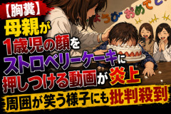 【炎上】1歳赤ちゃんの顔をケーキに何度も押しつける動画が拡散 → 「虐待では？」と批判殺到……