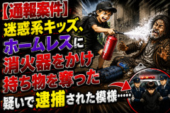 【通報案件】迷惑系キッズ、ホームレスに消火器をかけ持ち物を奪った疑いで逮捕された模様……