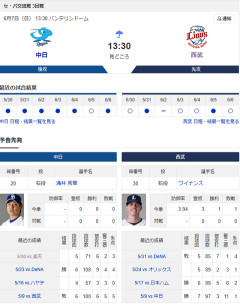 【ドラゴンズ実況】6/7 中日vs西武 交流戦（バンテリンD）13:30～先発：涌井【中継:CBC Jスポ2　DAZN他】