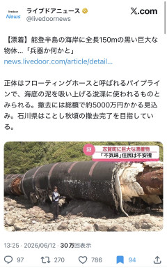 【画像】能登半島の海岸に不気味な超巨大物体が漂着