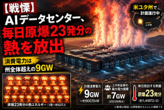 【戦慄】AIデータセンター、毎日原爆23発分の熱を放出　消費電力は州全体超えの9GW