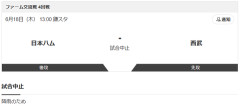 【日本ハム2軍vs西武 交流戦4回戦】降雨のため、中止となりました。