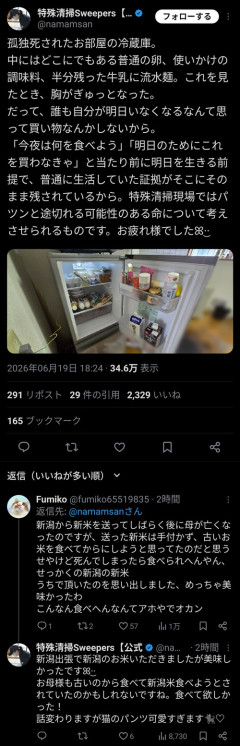 【訃報】孤独死されたお部屋の冷蔵庫、公開される…