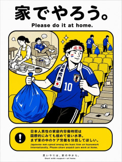◆悲報◆日本代表サポのゴミ拾いを『家でやろう』とイラストにまでしちゃったフェミBBA、とんだ恥さらし😭