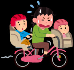 【絵心ない奥様】さっき自転車の前後につけた椅子に6､7才の子を乗せて赤ちゃん抱っこして乗ってる母親を見た