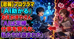 【悲報】プログラマ「AI助かる」　おえかきやさん「AIは泥棒、仕事を奪うな、私たちは盗まれた」