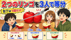 問題「２つのリンゴを3人で等分したい。包丁を使っていいのは一度だけ」