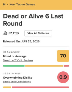 DOA6ラストラウンドのユーザースコアが驚愕の『0.9』を記録