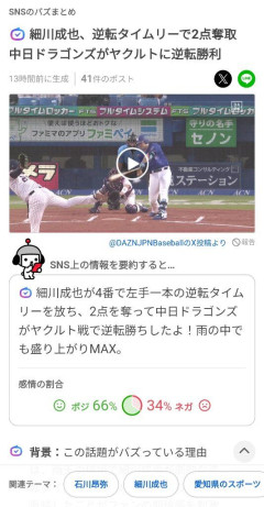 🤖「細川成也、逆転タイムリーで2点奪取　中日ドラゴンズがヤクルトに逆転勝利」