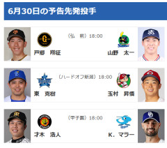 【6/30(火)の予告先発】東克樹(De)×玉村昇悟(C)