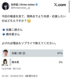 【悲報】X民「佐藤二朗さんと橋本愛さんのどちらを応援したいですか？」