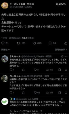 【悲報】ラーメン屋さん、遂にキレた！「売上223万円で赤字55万、俺はタダ働きやぞ」
