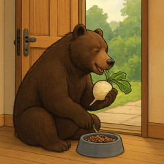 玄関のドアを開けクマがカブの漬物とキャットフードを食べる    #🐻