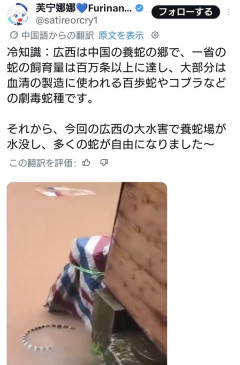 【動画】中国大洪水により大量の毒蛇が逃げ出した模様