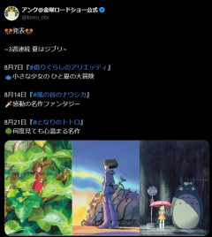 金曜ロードショー夏のジブリ祭りは借りぐらしのアリエッティ、風の谷のナウシカ、となりのトトロ