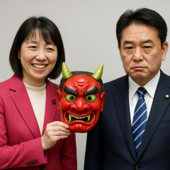 れいわ奥田芙美代議員が高市首相と「赤鬼」の写真並べ「どちらが本物の総理か」首相は不快表情   |  どちらが総理か